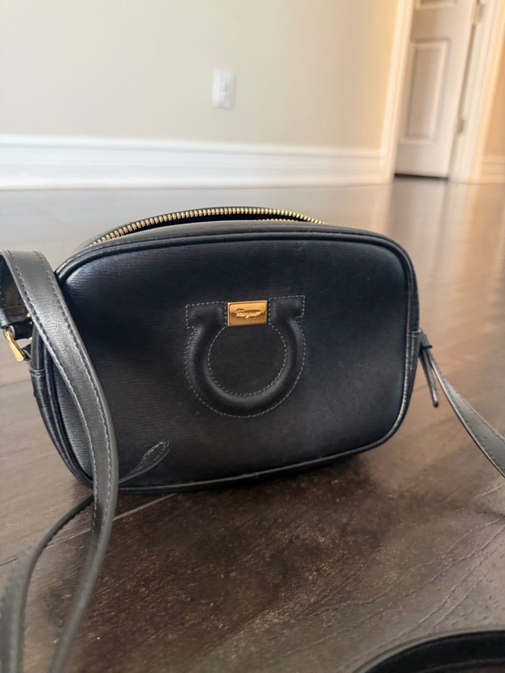 Salvatore Ferragamo Black Leather Gancini Crossbody with Gold Accent